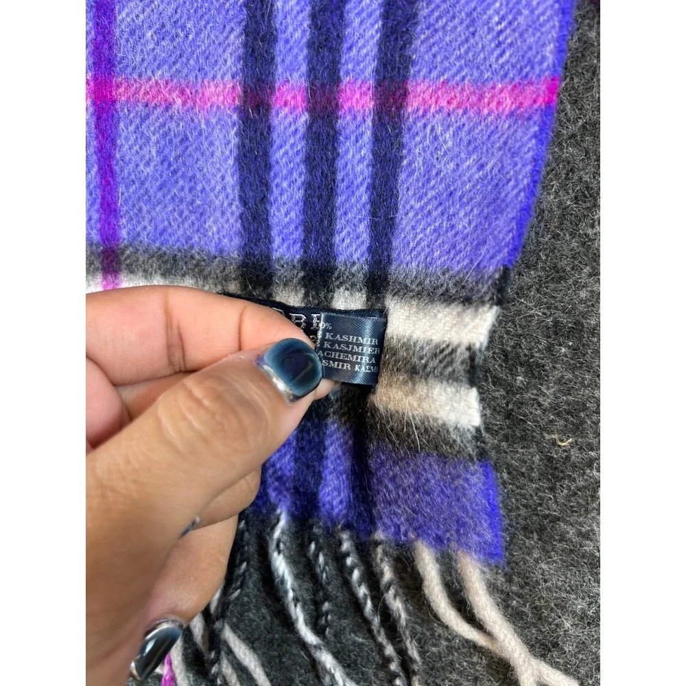Burberry London Cashmere Scarf Womens Purple Plaid Fringed Neck Wrap Cozy Preppy